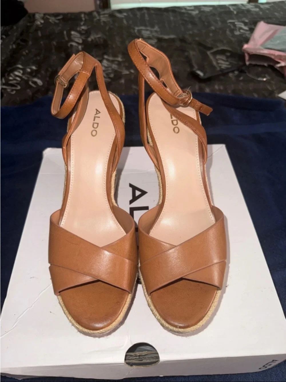 ALDO Tan Leather Crisscross Ankle-Strap Wedge Sandals